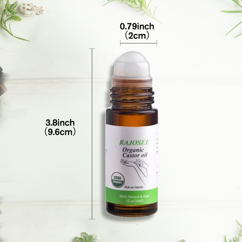 RAJOSEE Castor Oil Roll on in Glass Bottle, Certified Organic Castor Oil Roller for Body Hair Skin Lip Eyebrow Pure Organic Cold Pressed Essential Oil - 1fl.oz