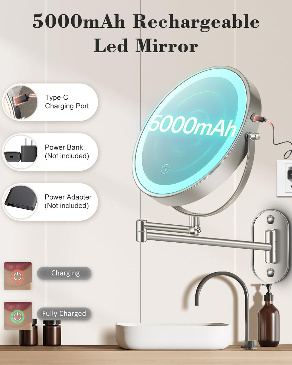 vpu 9" Wall Mounted Makeup Mirror with Light, 20X/1X Height Adjustable Double Sided Magnifying Bathroom Lighted Mirror, 3 Color Touch Dimmable Extended Arm 360 Rotation Light up Magnification Mirrors