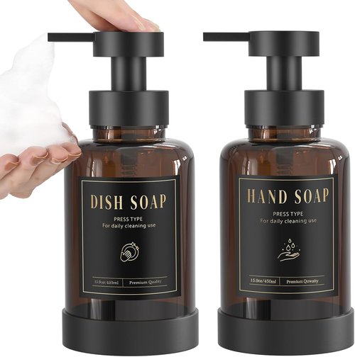 Luxspire Foaming Soap Dispenser - 15 Oz Glass Pump Bottle with Waterproof Labels | Amber, 2 Pack for Kitchen & Bathroom