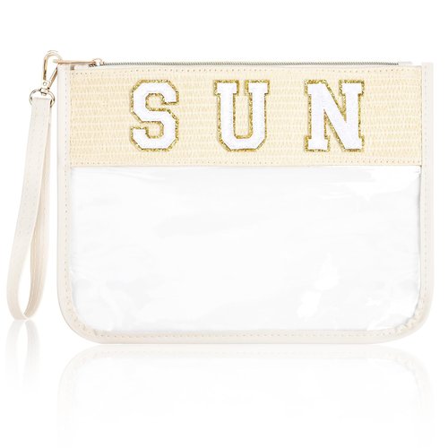 SOIDRAM SUN Bag Sunscreen Makeup Bag Chenille Letter Pouch Clear Travel Zipper Nylon Cosmetic SUN Pouch Organizer Sunscreen Toiletry Waterproof Summer Travel Gifts for Women