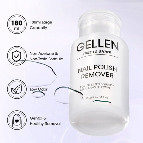 Gellen Nail Polish Remover - Non-Acetone Pump Dispenser with 200 Lint-Free Wipes | 6.1 Fl. Oz Kit