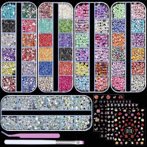 Multicolor Nail Art Rhinestones Kit 3D Flatback Horse Eye & Flower Nail Stickers - 4 Sheets & Tools (Variation: 4 Multicolor)