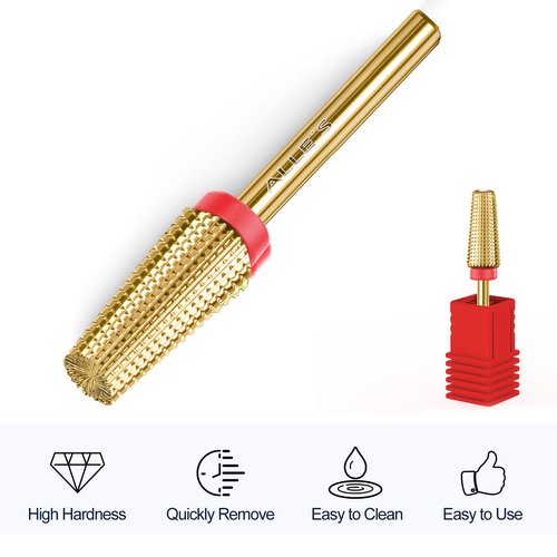 Tungsten Nail Drill Bits 5 in 1 Carbide Nail Drill Bits for Acrylic Hard Gel Cuticle Remove 3/32'' Universal Bits for Efile Nail Drill Machine Manicure Pedicure Salon (Gold Fine Straight Cut x2)