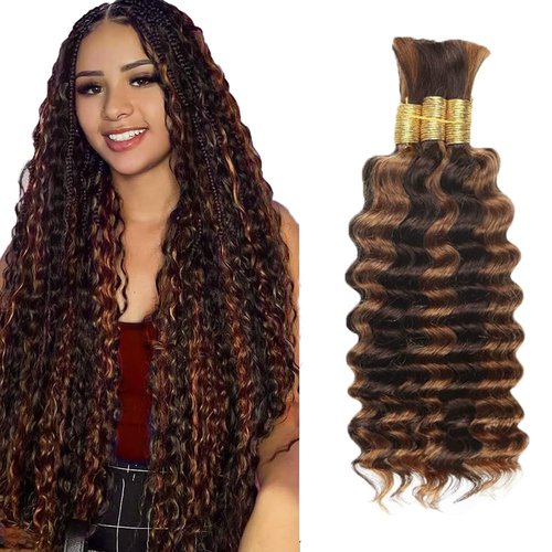 P430 Highlight Brown Human Braiding Hair Deep Wave Bulk 14 14 14 Inch 150g/3 Bundles Light Dark Brown Deep Wave Braids Human Hair Extensions