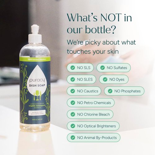 Puracy Natural Dish Soap - Skin-Softening Plant-Based Formula | Organic Lemongrass, 16 fl oz, 3 Pack