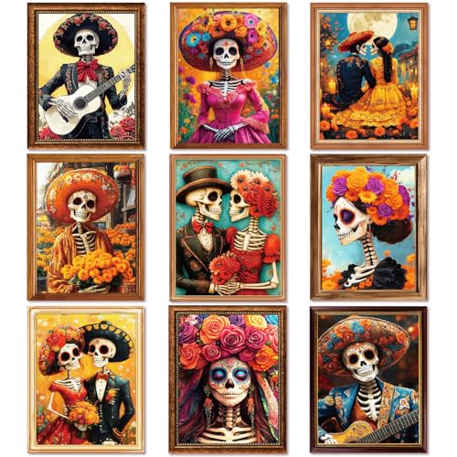 Day of the Dead Posters - 9 Piece Mexican Skeleton Wall Art Decorations