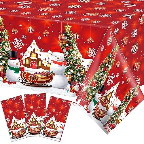 Christmas Tablecloths Set - Snowflake, Snowman, Tree Designs, 87x51 Inch Disposable Plastic, 3 Pack