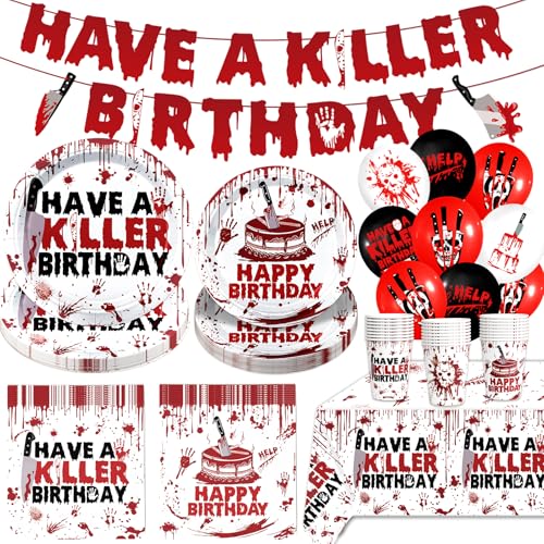 Halloween Horror Birthday Party Decorations Set with Banner Plates Balloons Cups Napkins & Tablecloth