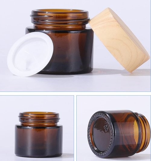 4Pack 50g Amber Glass Cosmetic Cream Jars,Empty Sample Jars Containers Pot with Wood Grain Lids for Lotion,Lip Balm,Eye Cream,Scrubs Creams,Oils Salves,Ointments(Brown)