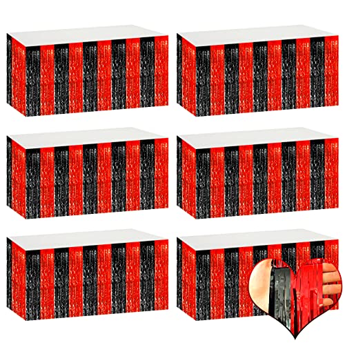 Black Red Metallic Foil Fringe Table Skirts Banner for Party Decorations - 6 Pack