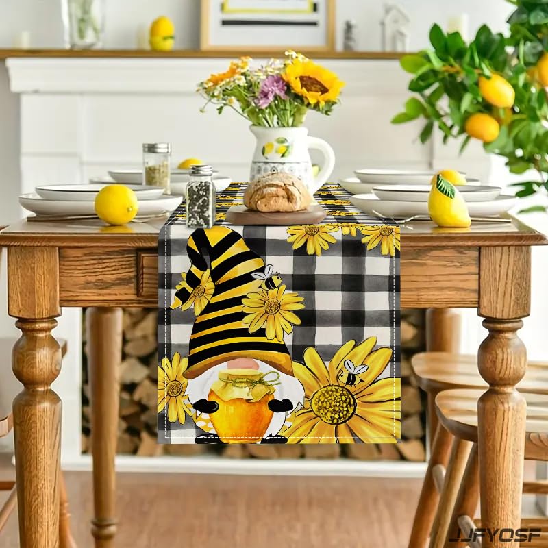 Bee Gnome Table Runner with Sunflower Design - Rustic Farmhouse Kitchen Decor, 13x72 Inch (Sunflower Bee Gnome)