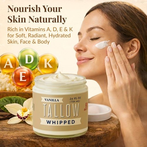 Lady May Tallow Whipped Tallow 24oz - All Natural Face Cream + Whole Body Moisturizer for Dry Skin - Made With Scented Oil Blend - No Preservatives, Parabens or Seed Oils - USA Made (Vanilla)
