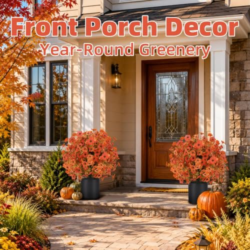 Artificial Fall Flowers in Pot - Orange Mix, 24 Inch Outdoor Decor - 2 Pack