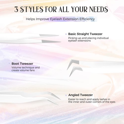 Lash Tweezers for Eyelash Extensions, Lankiz Eyelash Tweezers for Lash Extensions Stainless Steel Straight and Curved Volume Lash Tweezers Set Kit (3PCS-White)