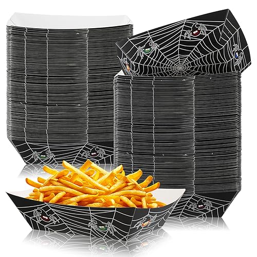 Halloween Paper Food Trays with Spider Design, 100 Pack, Disposable Serving Plates
