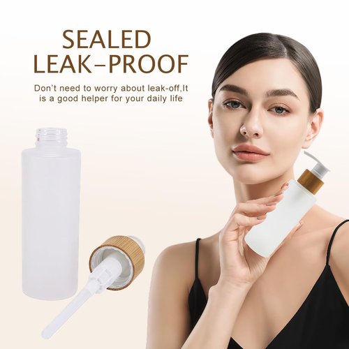 ericotry 1PCS Empty Refillable Frosted Glass Pump Bottle with Bamboo Pump Head Toiletries Storage Containers for Bath Shower Shampoo Hair-Conditioner Cleanser (150ml/5oz)