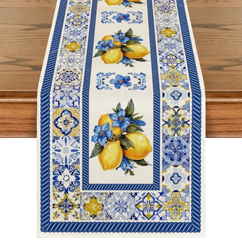 Summer Table Runner 13x72 Inch Blue & White Porcelain Floral Decor for Dining Table