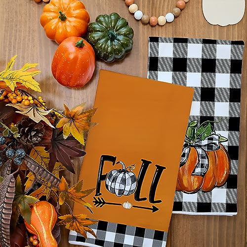 Black Pumpkin Fall Kitchen Towels Set of 2 - Buffalo Plaid Check Dish Towels
