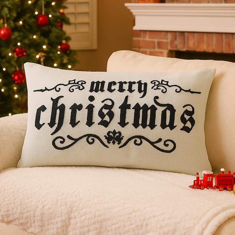 Goth Christmas Pillow Cover 12x20 Inch Spooky Holiday Decor Embroidery