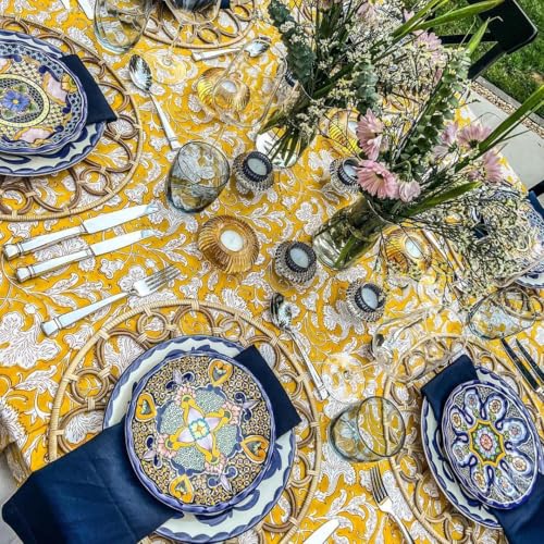Saffron Yellow Hand Block Print Cotton Tablecloth 118x70 Rectangular - Farmhouse & Rustic Home Decor