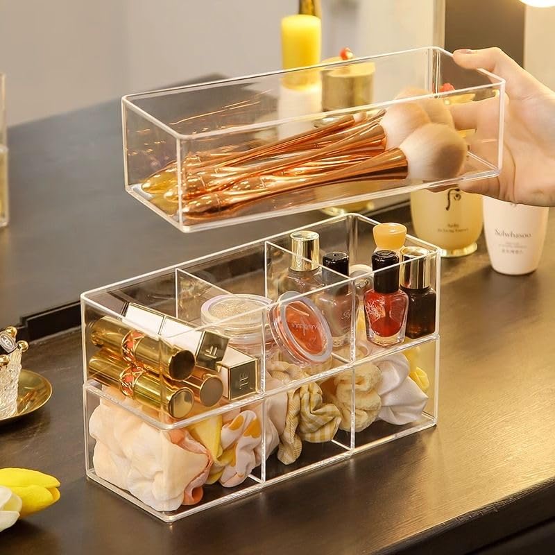 WECHENG Acrylic Makeup Organizer: Drawer Organizer for Bathroom - Stackable Cosmetic Display Cases for Vanity Countertop and Makeup Storage Containers (3-Compartment)