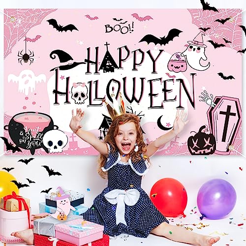 Pink Halloween Backdrop Banner for Parties - Large Birthday & Baby Shower Decorations