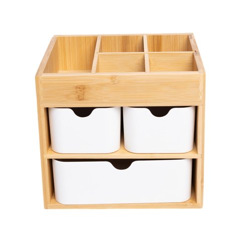 Ninebendstreams Bamboo Makeup Organizer with 3 Drawers, Dresser Cosmetic Organizer Box,Bamboo Desk Organizer for Home with Adjustable Dividers