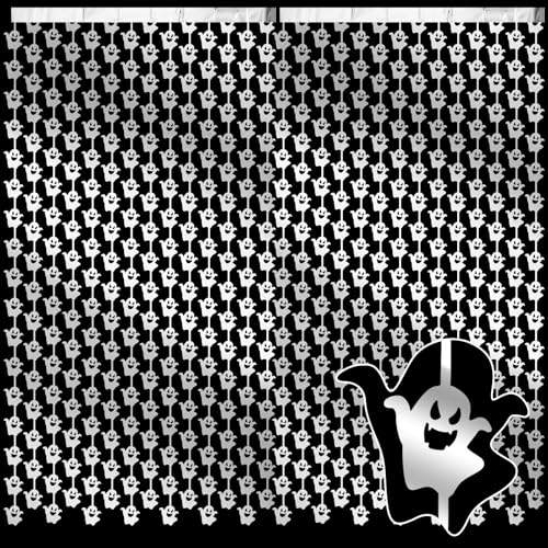 WovWeave 2 Pack Halloween Ghost Foil Fringe Curtains - Silver, 3.3x6.6 Ft