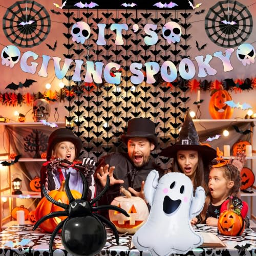 Halloween Party Decorations Set with Iridescent Balloons, Banner & Curtain