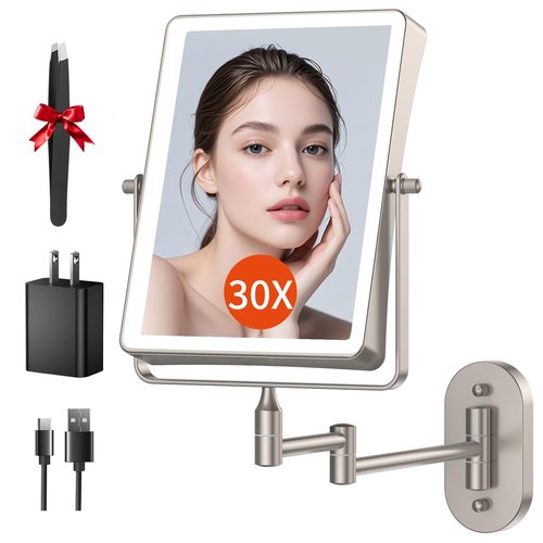 FUNTOUCH 5000mAh Rechargeable Wall Mounted Makeup Mirror with Lights, 8.7" Double Sided 1X/30X Magnifying Mirror with Dimmable 3 Color Light, Extended Swing Arm 360° Wall Mount Bathroom Vanity Mirror