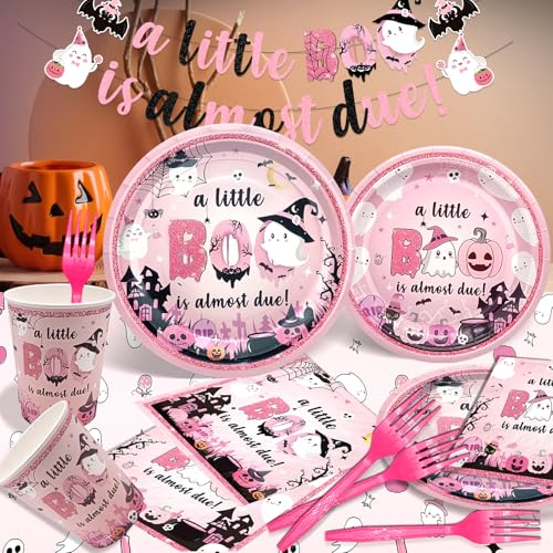 Pink Little Boo Baby Shower Decorations Set - Plates Napkins Tableware Halloween Girl