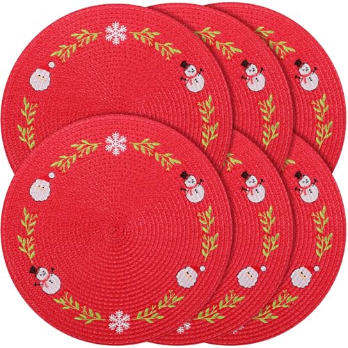 Christmas Round Placemats Set of 6 with Santa Claus Embroidery - Holiday Table Decor