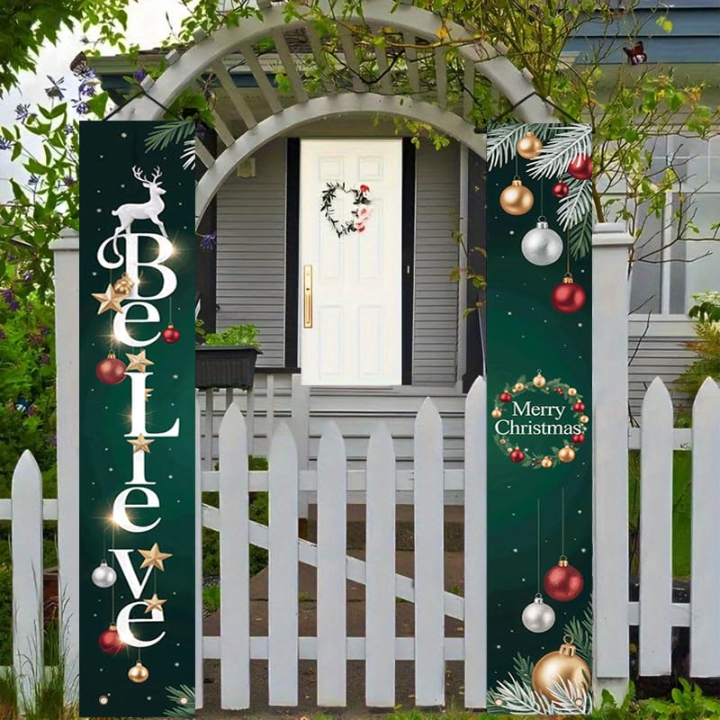 Multicolor 12x71 Inch Christmas Birthday Porch Banner with Pine Branches - Believe