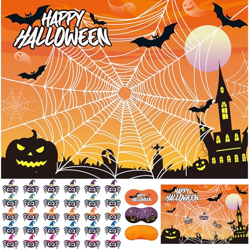 Halloween Spider Pin The Web Game Set for Kids - 30 Reusable Stickers & Web Poster