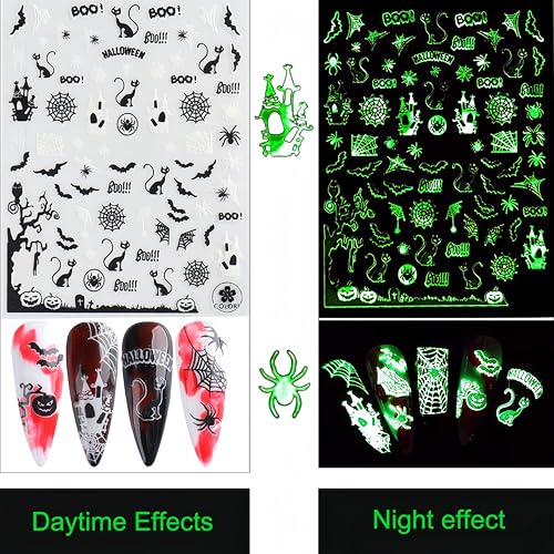 Halloween Nail Art Stickers with 3D Fluorescent Spider Design - Self-Adhesive Decals for Manicure DIY