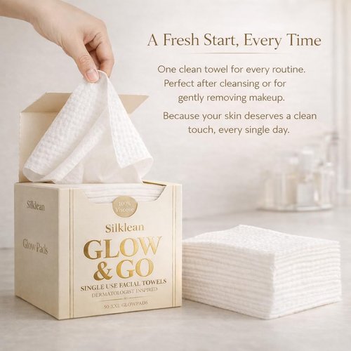 Silklean Glow and Go, XL Disposable Face Towel 10x15 inch, 100% Biodegradable Premium Towels for Fine Line Prevention and Smooth Radiant Skin, 50 Count, Chemical-Free-1 PACK