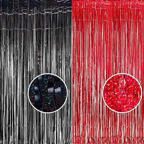 Halloween Party Foil Fringe Curtains - Black & Red, 3.2x8.2 ft, 2 Pack