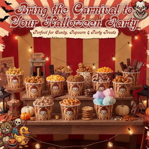 Halloween Circus Paper Snack Bowls - Creepy Carnival 16oz Disposable Cups (60 Pack)