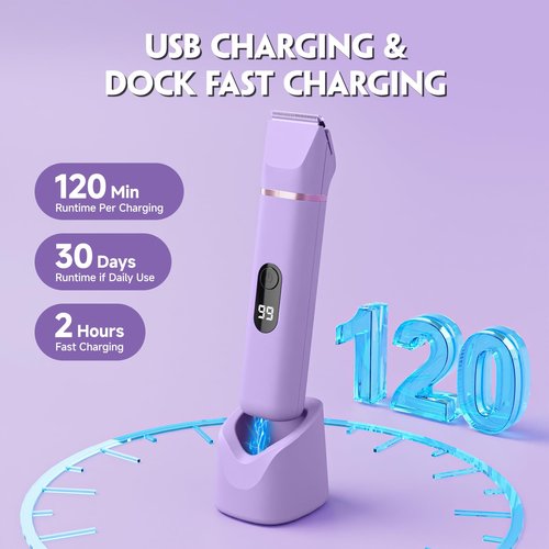 Bikini Trimmer for Women, Tiovara Painless Electric Razors Shaver IPX7 Waterproof Cordless Body Hair Trimmer Pubic Hair Removal with USB Charge Dock for Underarm Leg Arm Body Face Silk Skin (Lilac)