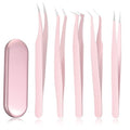 Chumia 5 Pcs Lash Tweezers for Eyelash Extensions High Precision Volume Pink Eyelash Tweezers Stainless Steel Curved Pointed Lash Tool with Box for Women Makeup Beauty Accessories Beginners