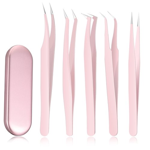 Chumia 5 Pcs Lash Tweezers for Eyelash Extensions High Precision Volume Pink Eyelash Tweezers Stainless Steel Curved Pointed Lash Tool with Box for Women Makeup Beauty Accessories Beginners