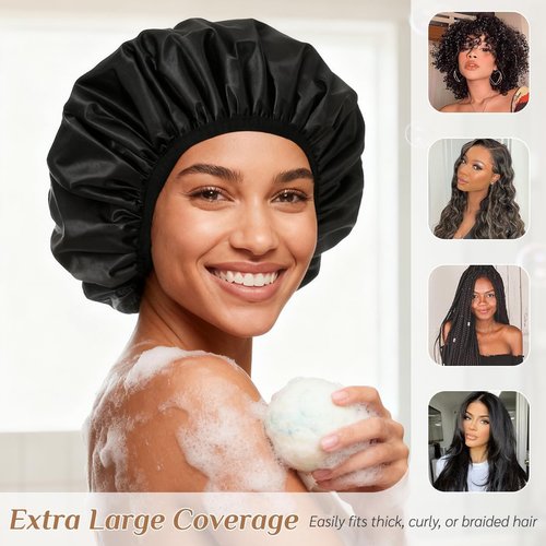 Extra Large Waterproof Shower Cap for Women, Double Layer Satin Lined Hair Bonnet for Curly Hair, Reusable Bath Cap with Elastic Edge for Long Thick Hair (Black)