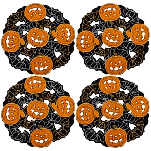 Halloween Placemats Set of 4 - Bats & Pumpkins Embroidered Table Mats, 14 Inch Round