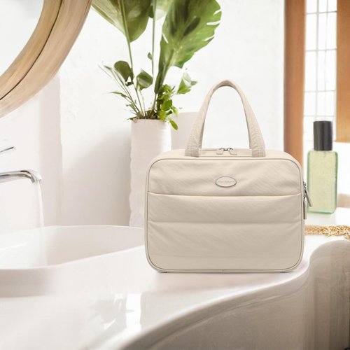 GOLF QUALITY Travel Toiletry Bag with Jewelry Organizer,Hanging Toiletry Bag Carry-on Puffy Cosmetic Make up Bag Organizer for Travel Accessories,Essentials,Toiletries,Apricot