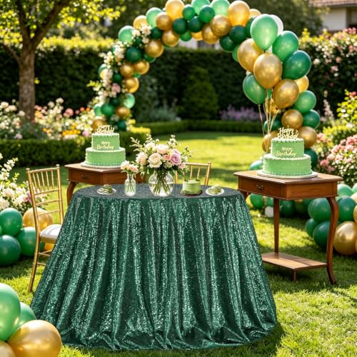 Emerald Green Round Sequin Tablecloth - 132 Inch Glitter Wedding & Party Decor