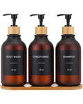 Shampoo and Conditioner Dispenser, Shower Soap Dispenser with Bamboo Pumps/Tray, Refillable Shampoo and Conditioner Bottles, Shower Shampoo Dispenser 3 Chamber, 16oz(Amber)
