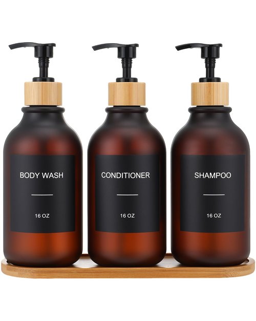 Shampoo and Conditioner Dispenser, Shower Soap Dispenser with Bamboo Pumps/Tray, Refillable Shampoo and Conditioner Bottles, Shower Shampoo Dispenser 3 Chamber, 16oz(Amber)