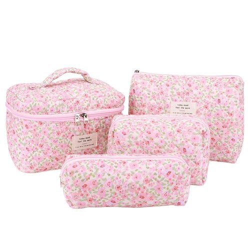 BBIQI Quilted Makeup Bag Set 3 Pcs Cotton Cute Makeup Bags For Women Large Aesthetic Floral Cosmetic Bag Coquette Flower Makeup Pouch