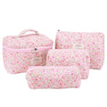BBIQI Quilted Makeup Bag Set 3 Pcs Cotton Cute Makeup Bags For Women Large Aesthetic Floral Cosmetic Bag Coquette Flower Makeup Pouch