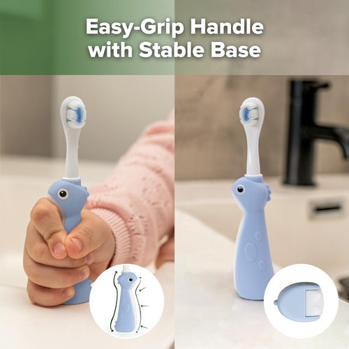haakaa Dinosaur Toothbrush for Kids 2-4 – Soft Bristles Baby Toothbrush for Toddlers with Silicone Handle, Non-Slip Grip & Tongue Cleaner, BPA Free - Blue, 1 Count